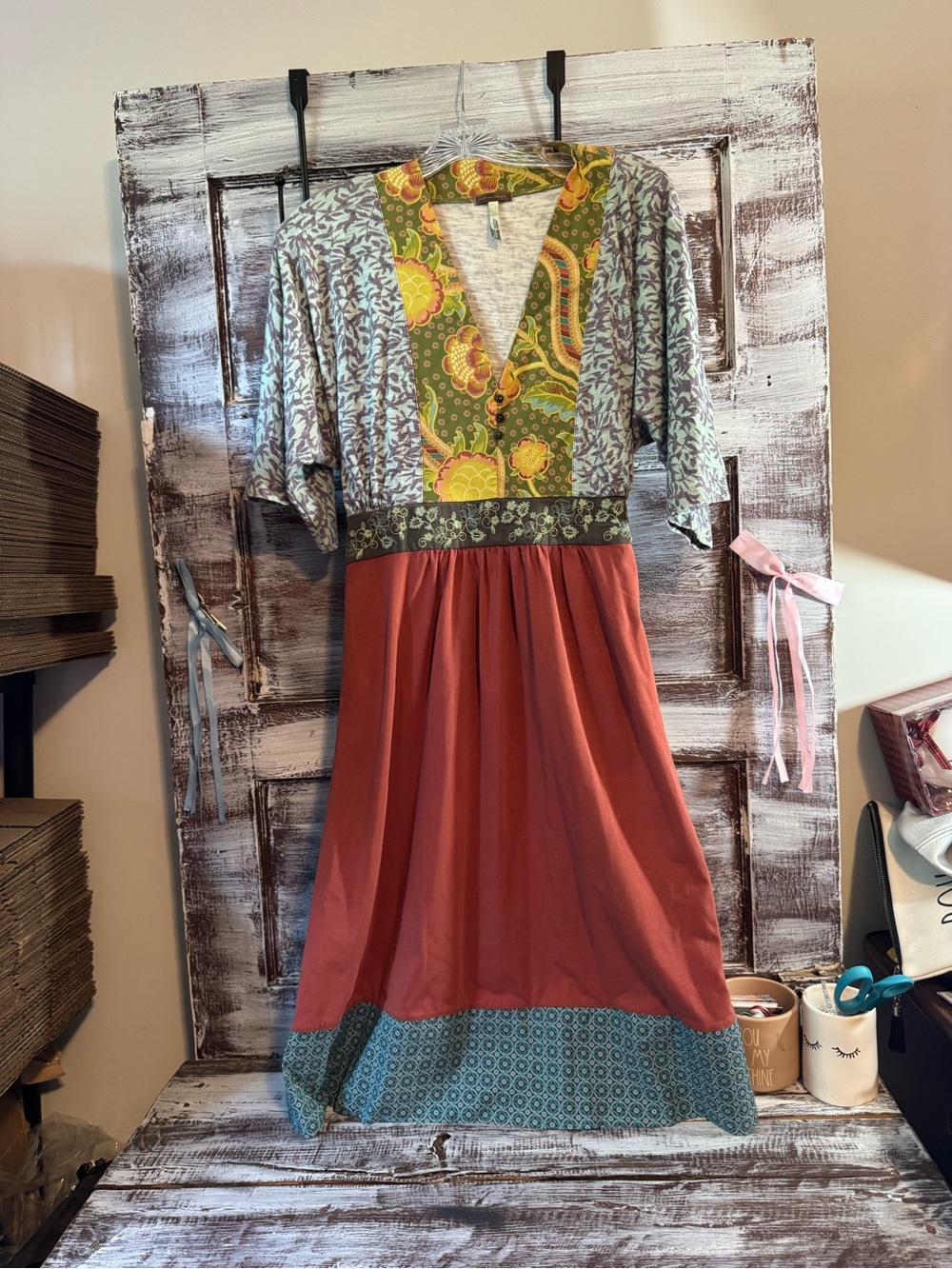 Matilda Jane Mixed-Print V-Neck Midi Dress in Rust, Green and Teal